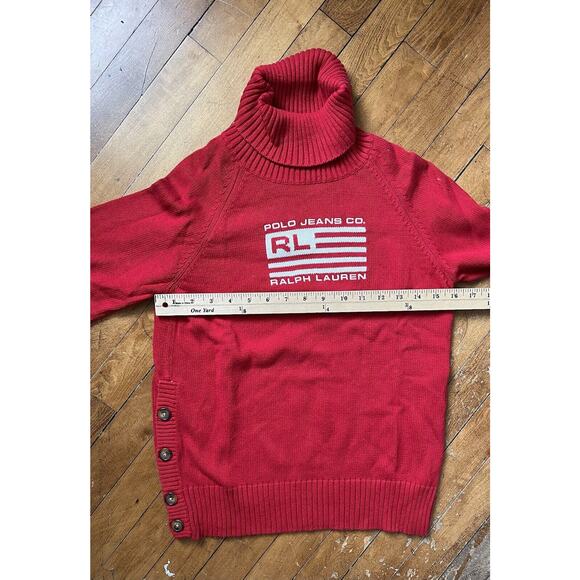 ✨POLO JEANS CO. RALPH LAUREN Red American Flag Logo Roll Neck Pullover Sweater M - Picture 2 of 5